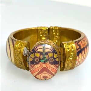 Vintage Gold and Pink Hinged Bangle Bracelet with Enamel Design